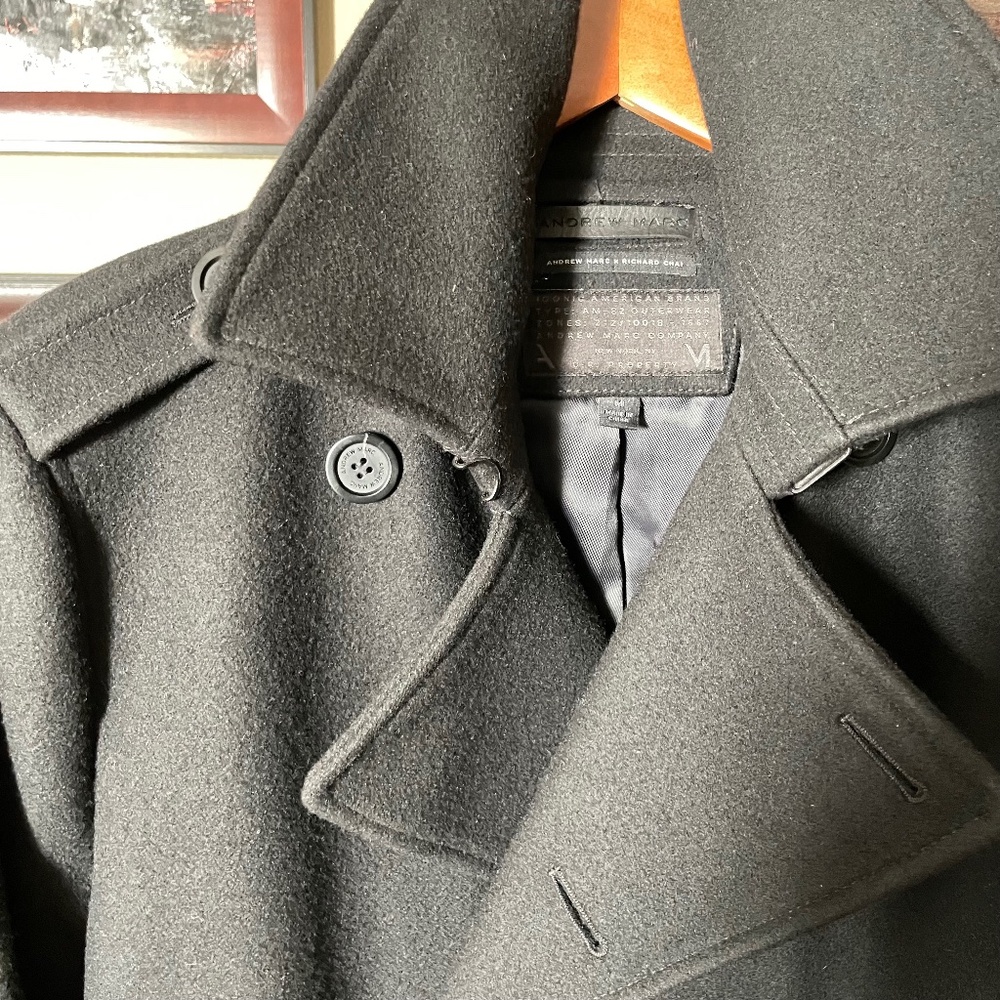 Andrew Marc Wool Men's Peacoat 3/4 length Leather Trim